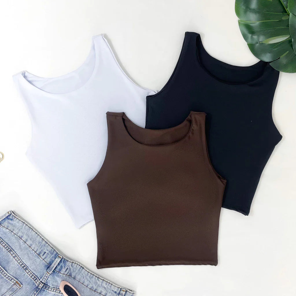 Kit 3 Cropped Feminino Top Regata Liso Básico Suplex Forro Duplo
