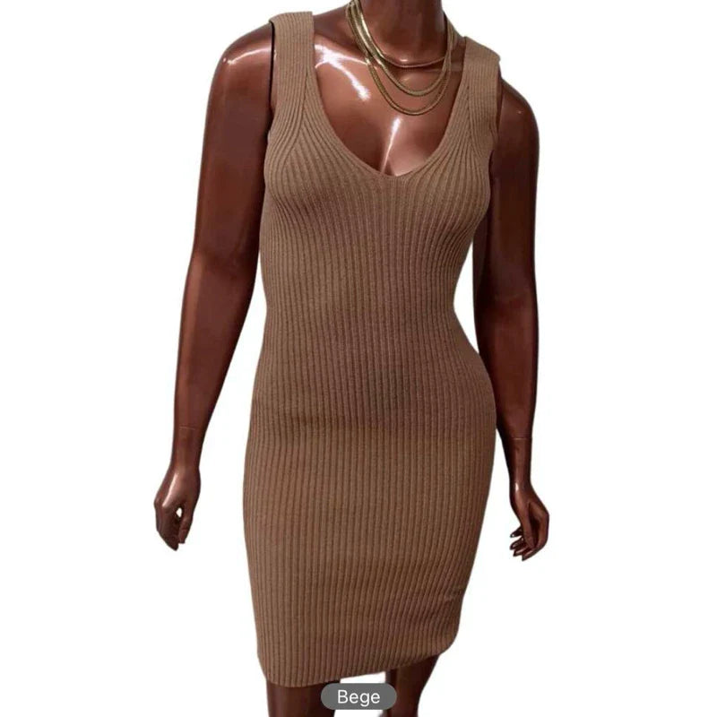 Vestido Tricot Canelado Moda decote v tubinho midi regata