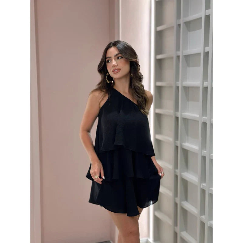 Vestido Feminino com Babados e Manga Nula