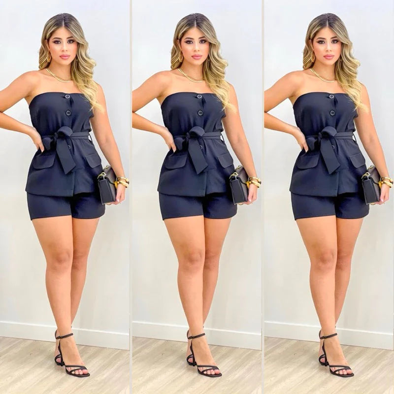 Conjunto alfaiataria short e Croped com cinto e botões