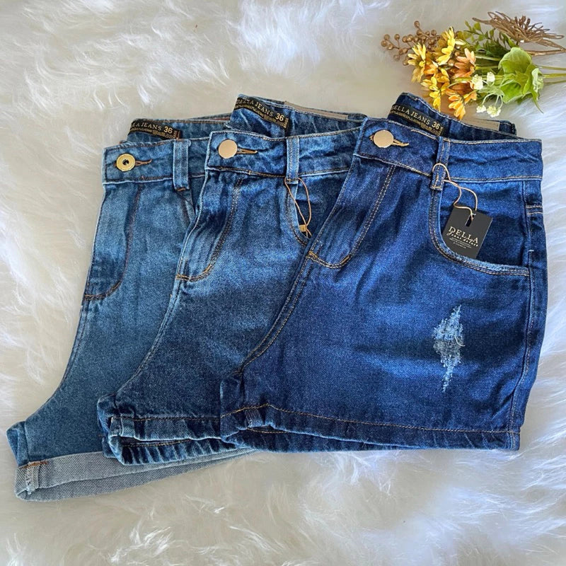 Shorts Jeans Mom Cintura Alta Marmorizado /Shorts Feminina Lisa Sem Lycra