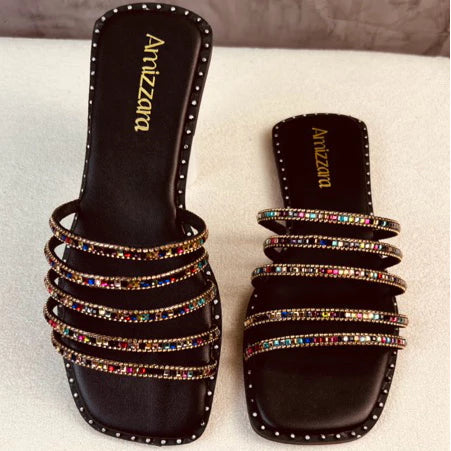 Sandália Rasteirinha Feminina Tira de Strass Colorido Elegante Confortável Lançamento Amizzara