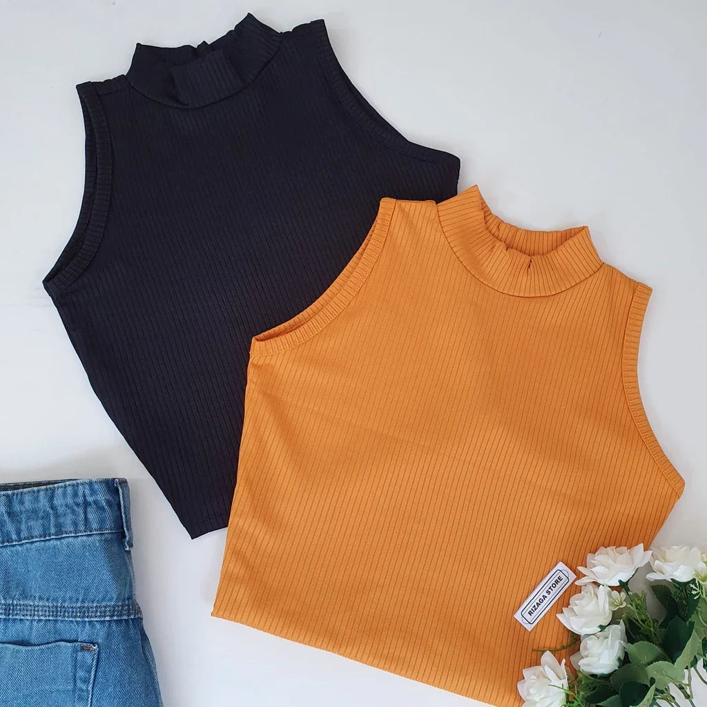 KIT 3 Cropped Gola Alta Canelado Sem Manga Verão Praia