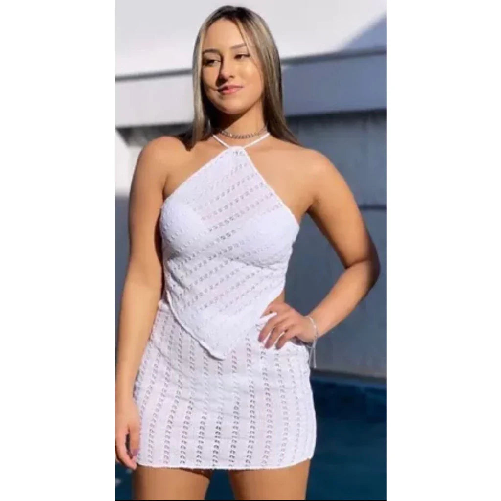 Conjunto Saída de Praia de Tricot Saia e Top Cropped de Tricot Tendência 2022 Moda Praia Verão Blogueira