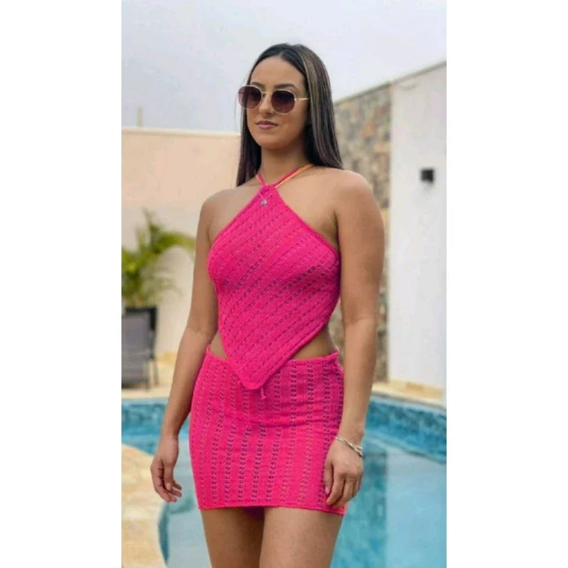 Conjunto Saída de Praia de Tricot Saia e Top Cropped de Tricot Tendência 2022 Moda Praia Verão Blogueira