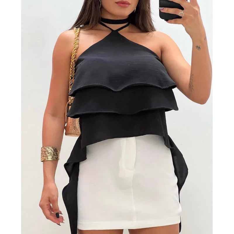 Blusa Feminina Com Amarração no Pescoço com Babado