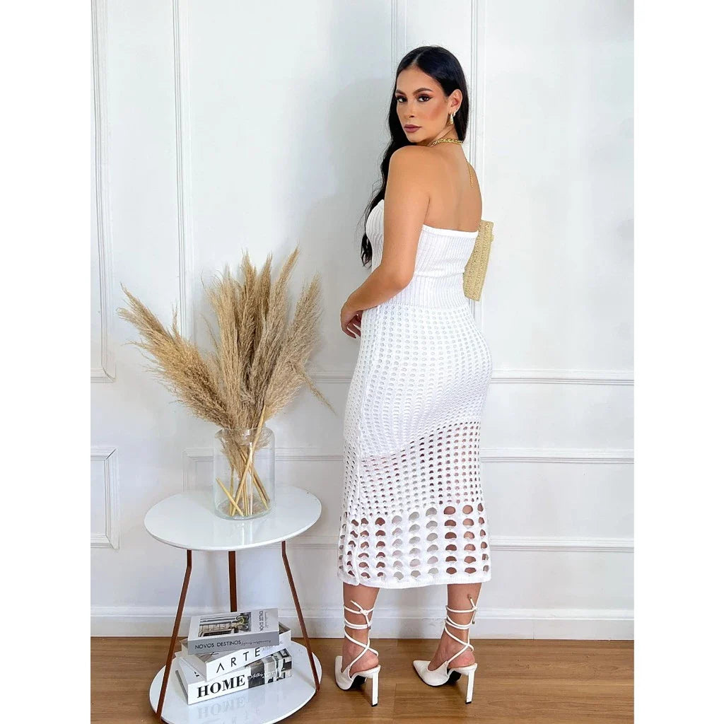 vestido furado tricot modal faixa