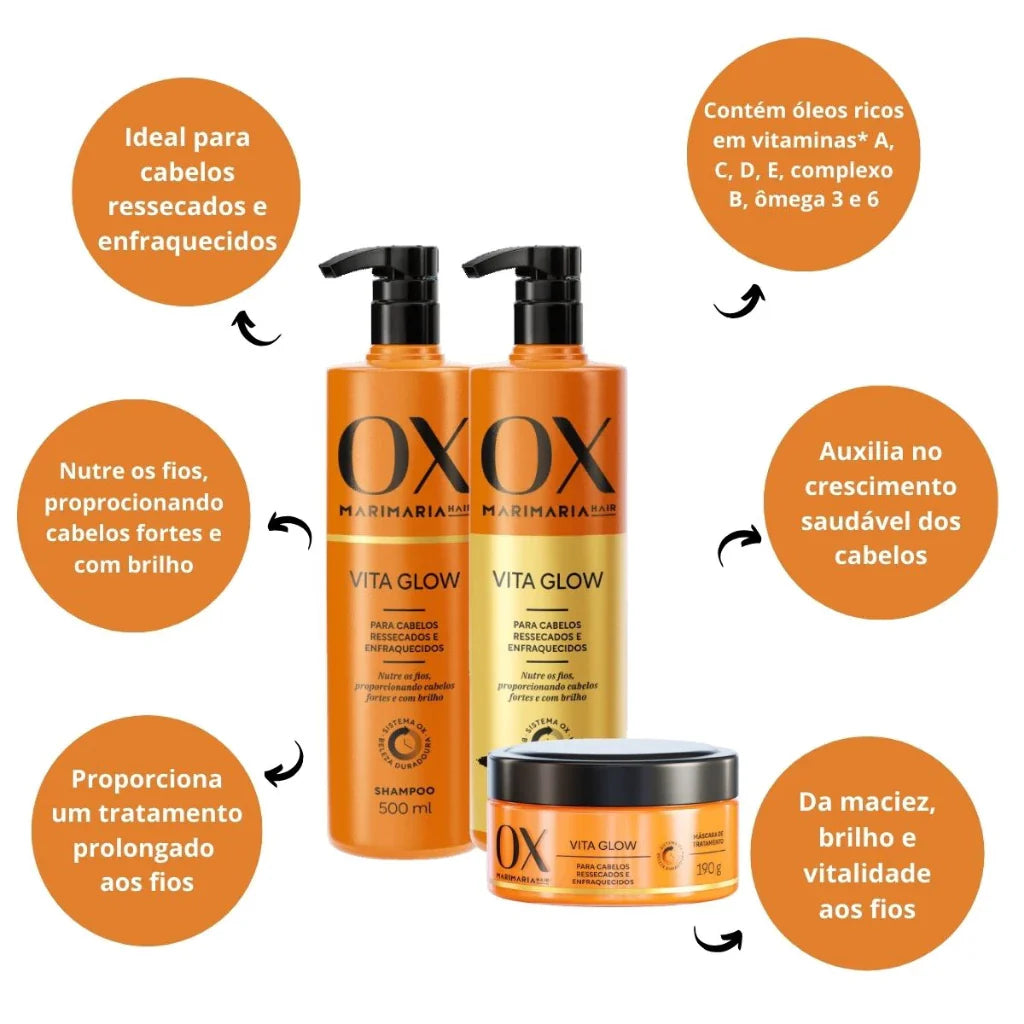 OX Vita Glow Mari Maria - Kit completo ( Sh + Cond 500ml, Máscara de Tratamento 190gr + Sérum Reconstrutor 110ml ) - Envio