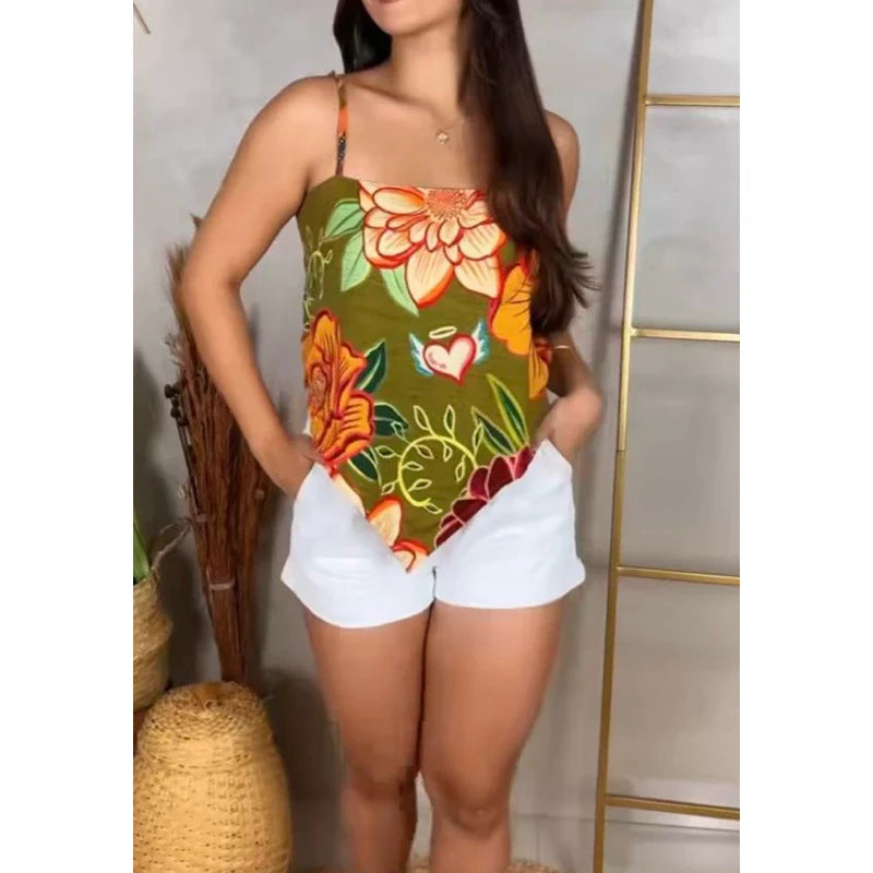 Blusa Lenço Amarração Feminina Elegante Estampada com Alça Ajustável