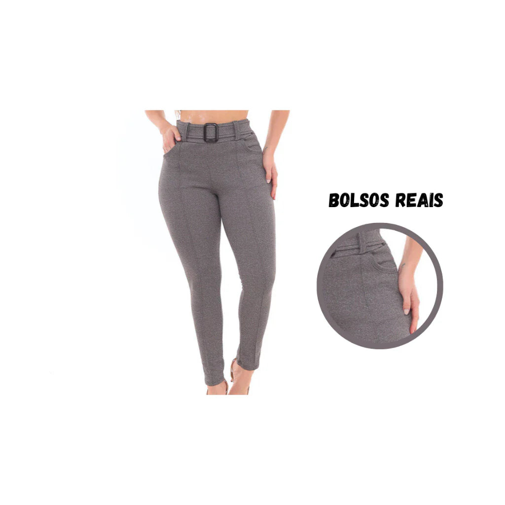 Calça Skinny Com Cinto Malha Crepe Cintura Alta do P ao G3