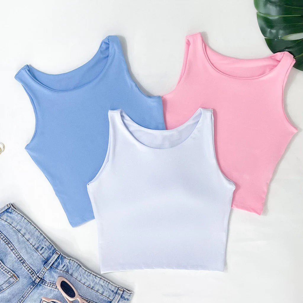 Kit 3 Cropped Feminino Top Regata Liso Básico Suplex Forro Duplo