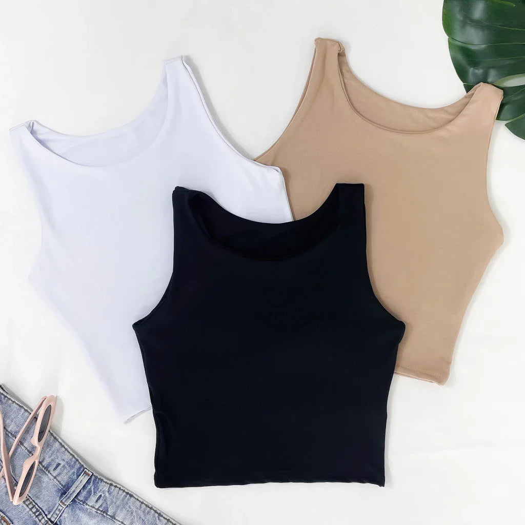 Kit 3 Cropped Feminino Top Regata Liso Básico Suplex Forro Duplo