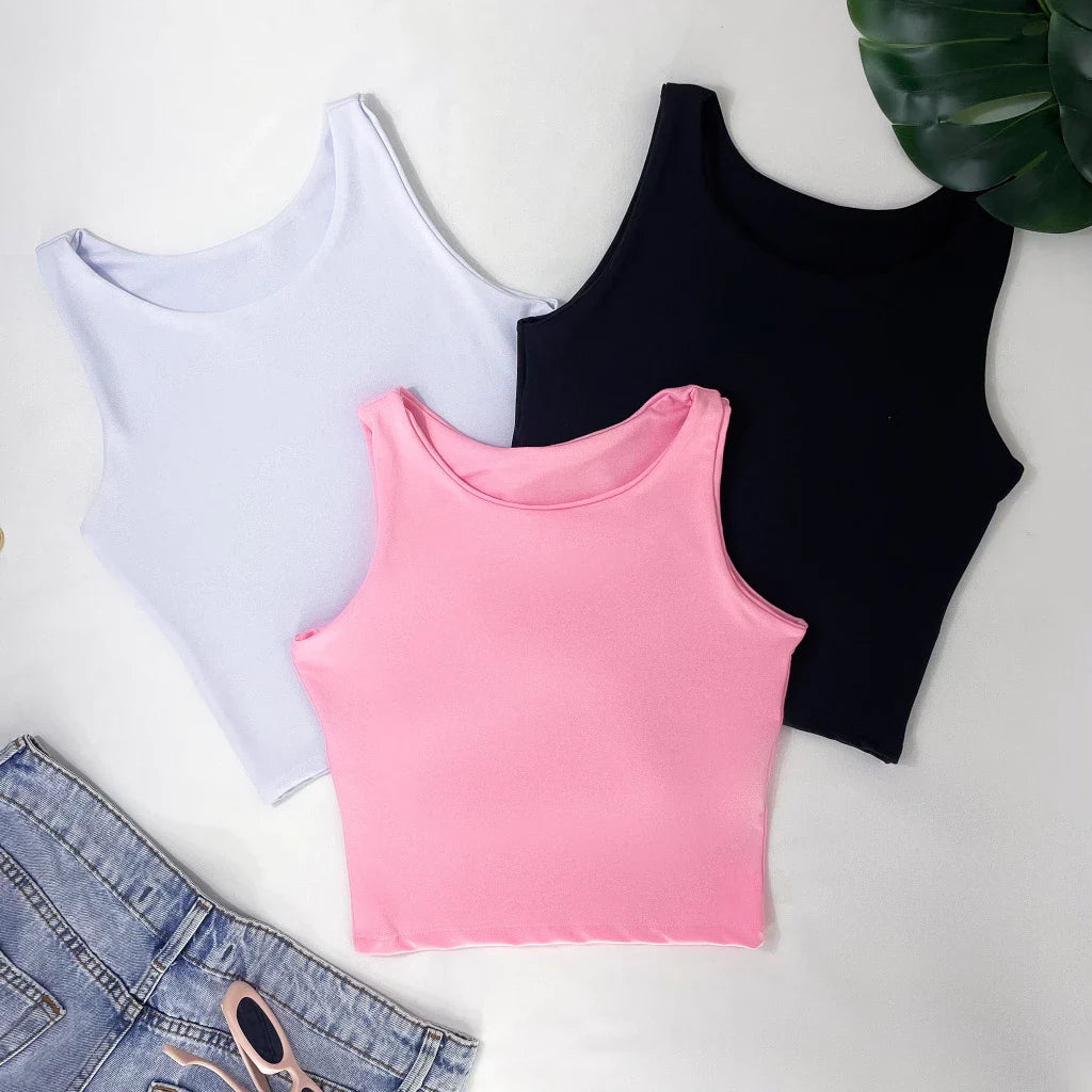Kit 3 Cropped Feminino Top Regata Liso Básico Suplex Forro Duplo