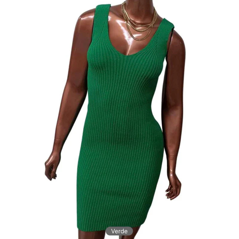 Vestido Tricot Canelado Moda decote v tubinho midi regata