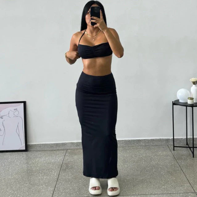 Conjunto SUPLEX Saia Longa GRINGA Top Croppped Curto Drapeado Alça