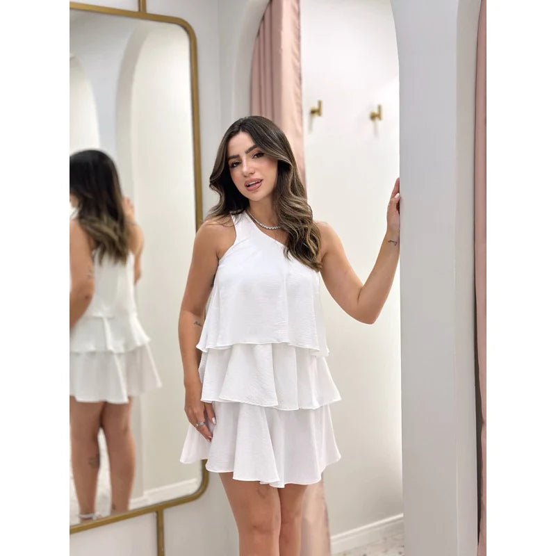 Vestido Feminino com Babados e Manga Nula