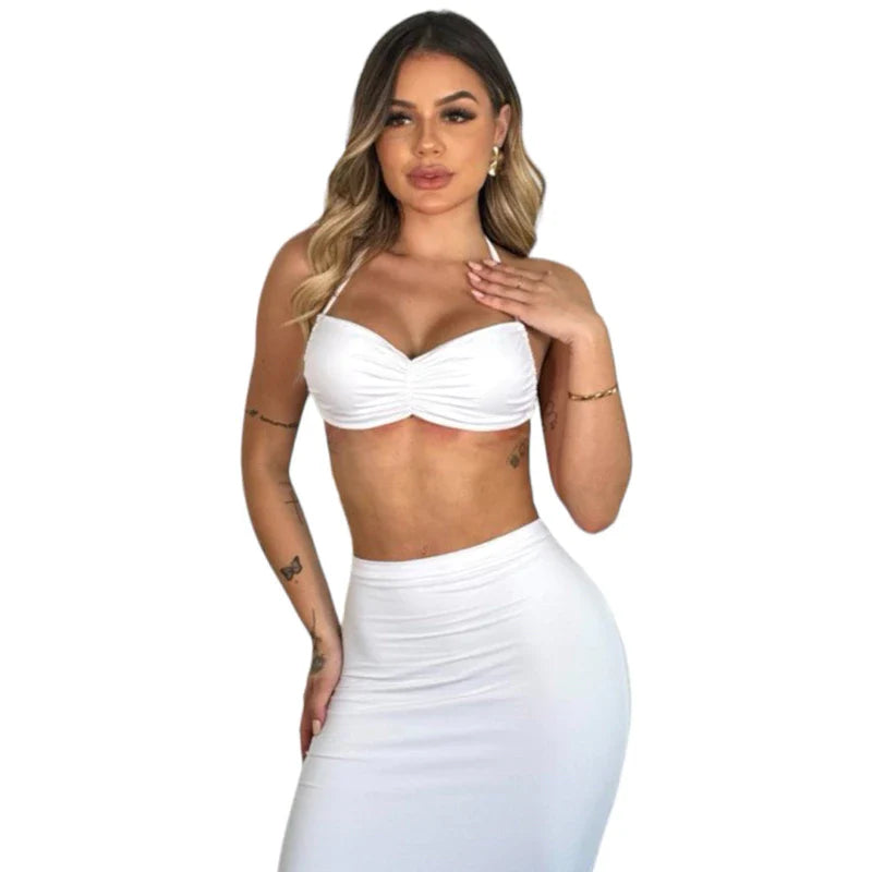Conjunto SUPLEX Saia Longa GRINGA Top Croppped Curto Drapeado Alça
