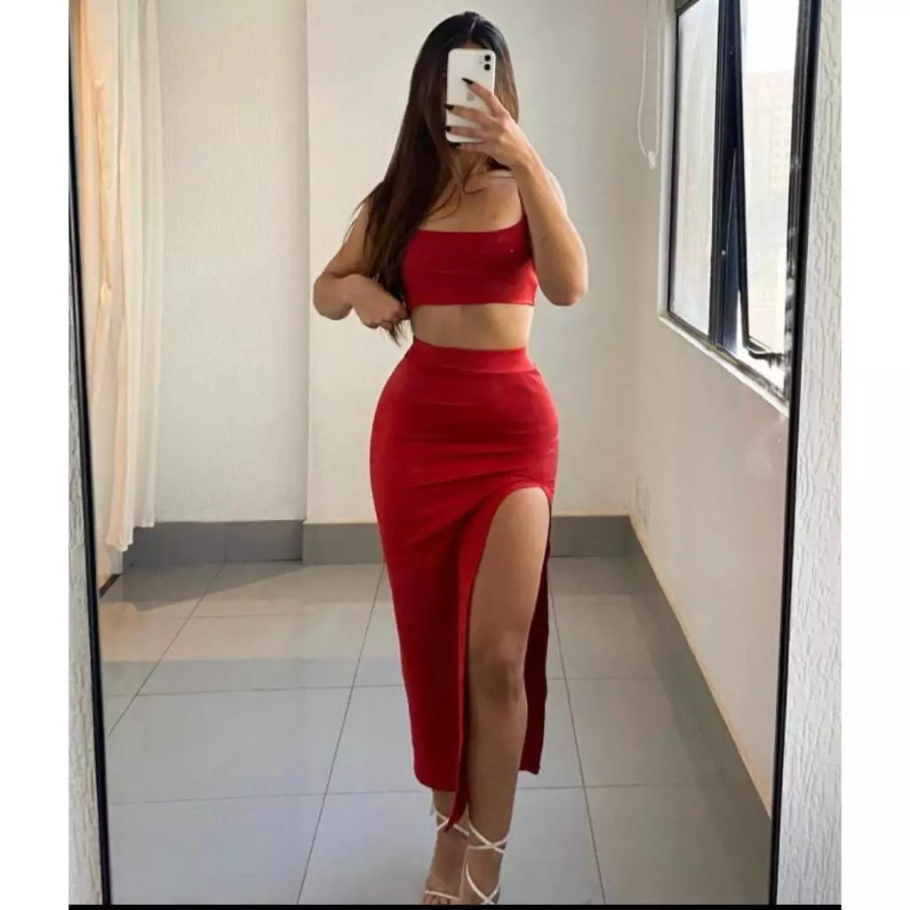 Conjunto / Saia / Croopd Feminina Longa Tendência Gringa com Fenda Grande Supex Premium Oliva