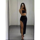 Conjunto / Saia / Croopd Feminina Longa Tendência Gringa com Fenda Grande Supex Premium Oliva