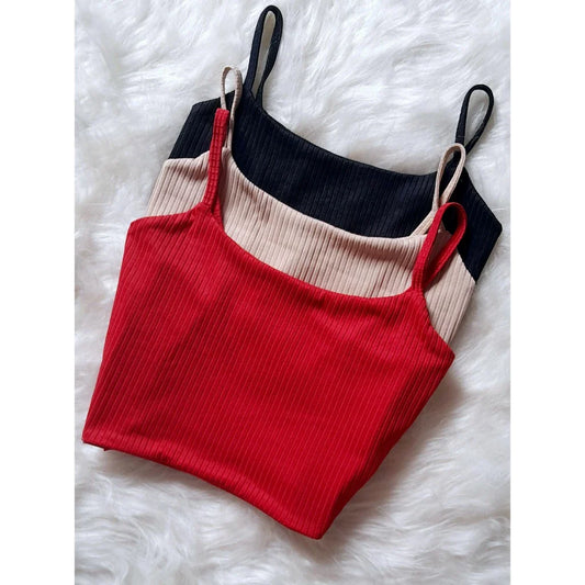 Kit 3 Cropped Alça Fina Forrado Top Alcinha Feminino Canelado