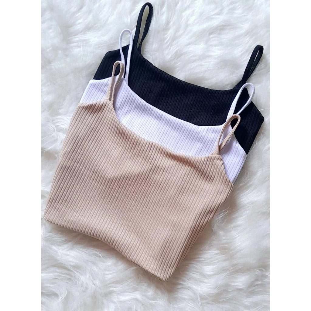 Kit 3 Cropped Alça Fina Forrado Top Alcinha Feminino Canelado