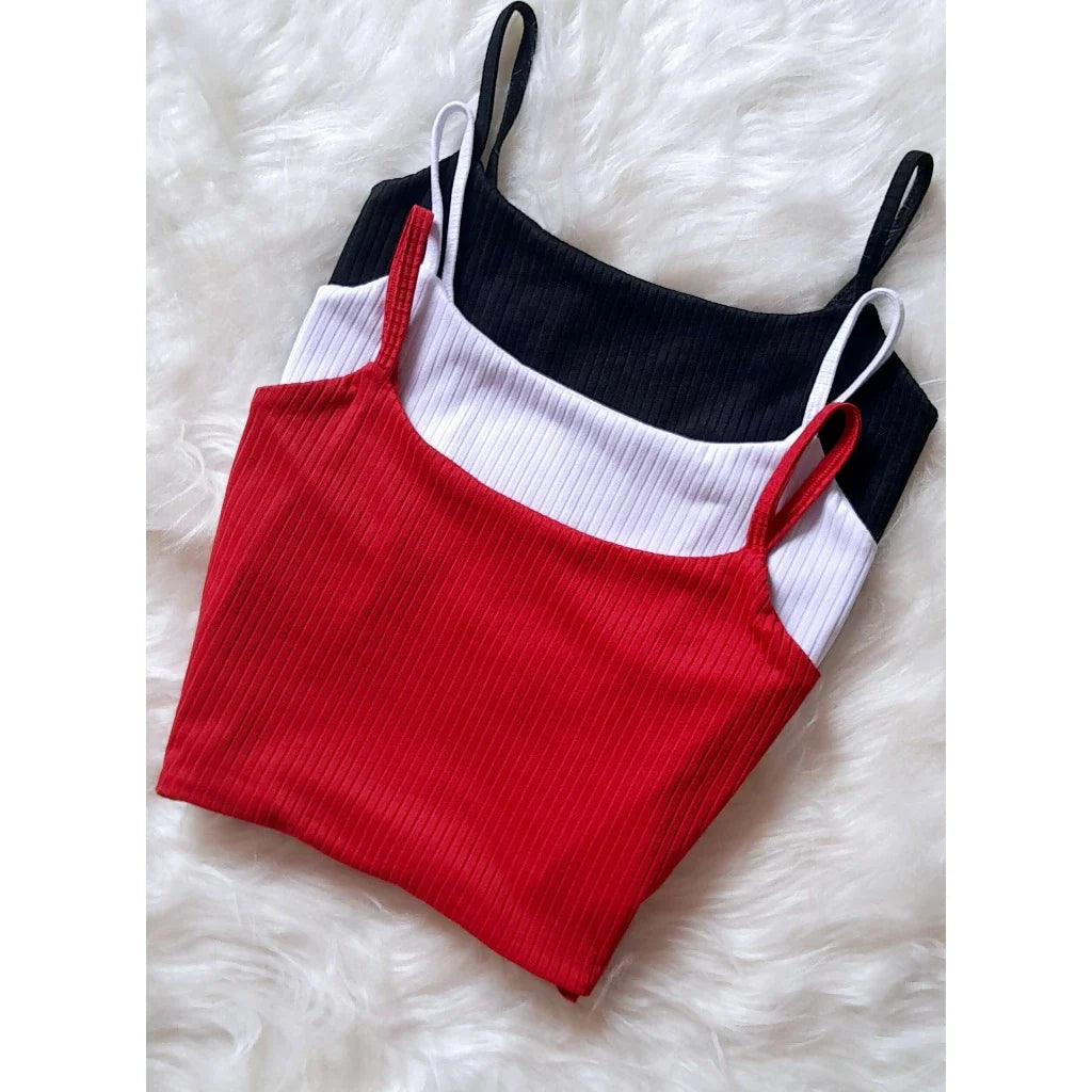 Kit 3 Cropped Alça Fina Forrado Top Alcinha Feminino Canelado