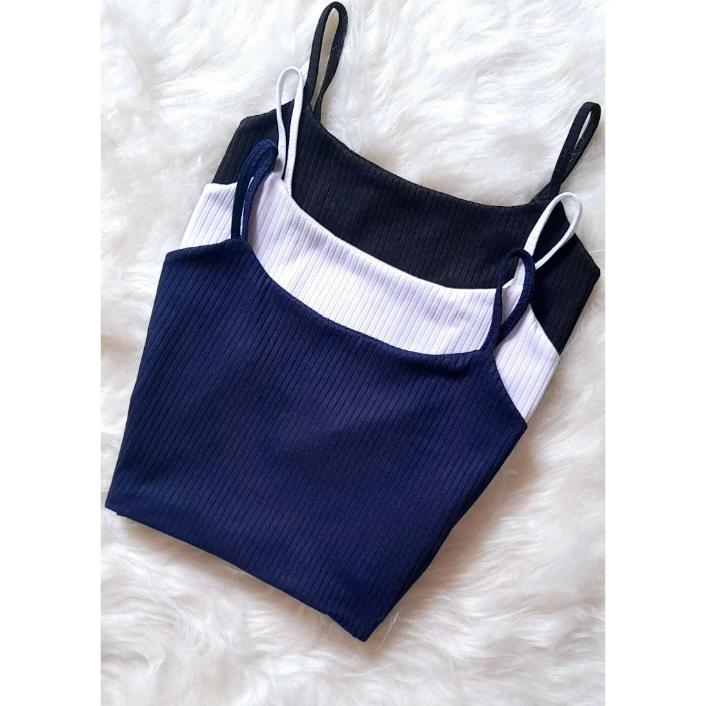Kit 3 Cropped Alça Fina Forrado Top Alcinha Feminino Canelado
