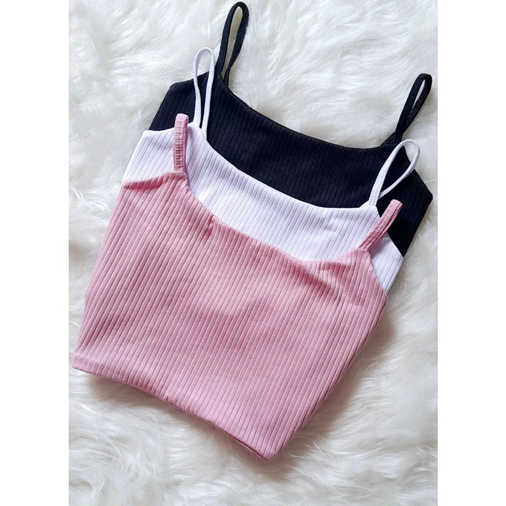 Kit 3 Cropped Alça Fina Forrado Top Alcinha Feminino Canelado