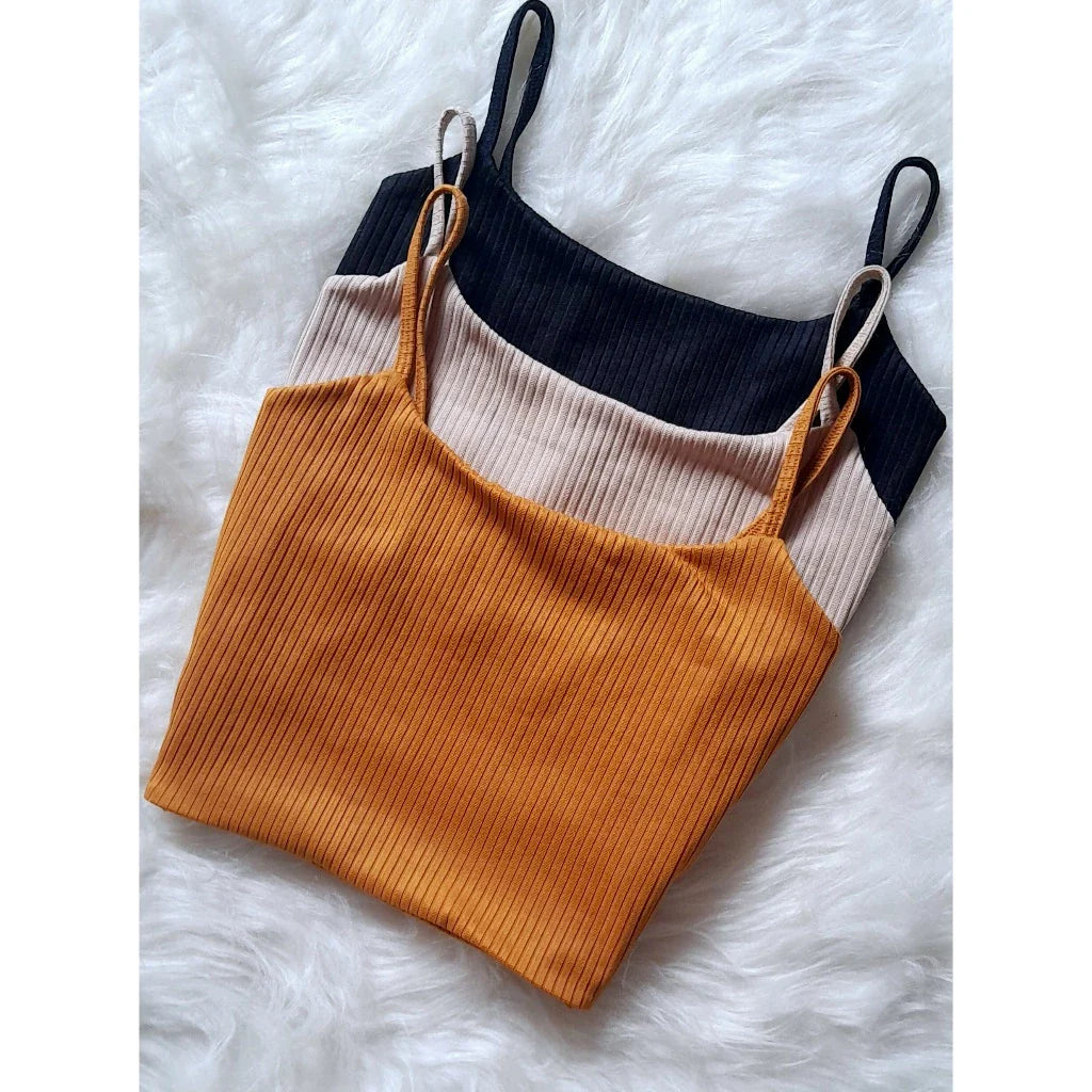 Kit 3 Cropped Alça Fina Forrado Top Alcinha Feminino Canelado