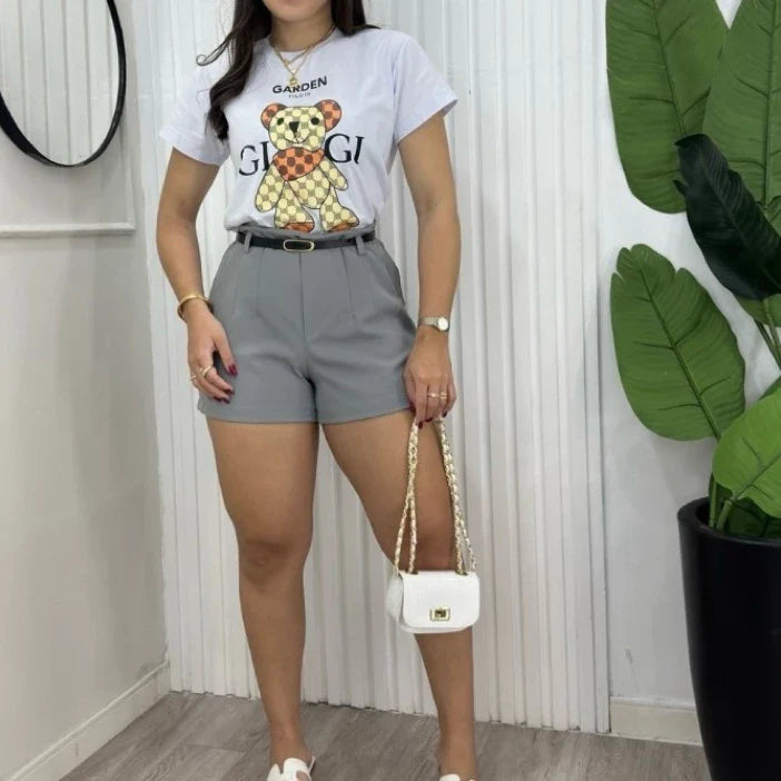 Short Feminino Alfaiataria com Cinto Social cintura alta