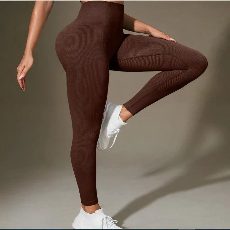 Calça Legging Canelada de Cintura Alta Sem Costura para Academia Feminina, Elástica e Fitness