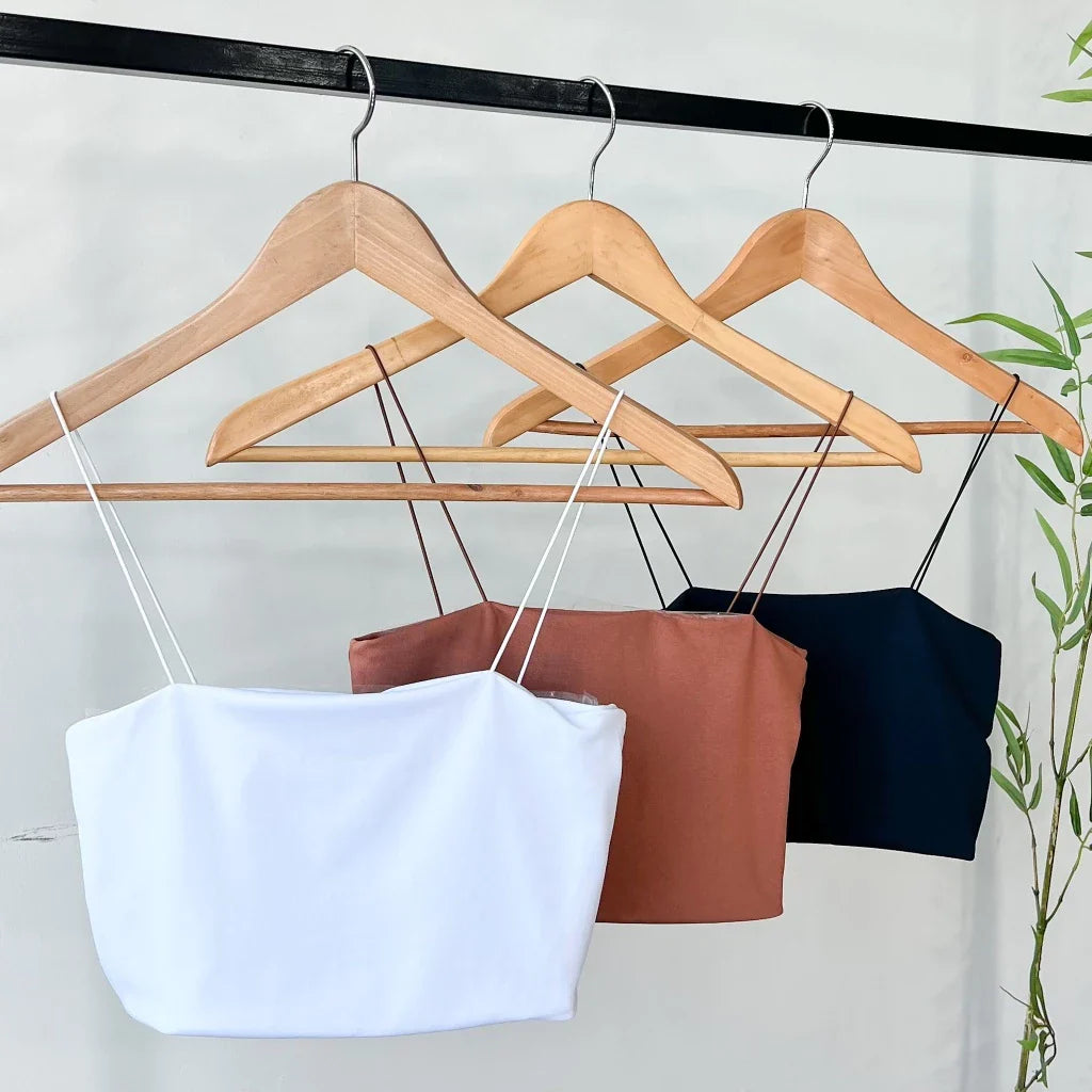 Kit 3 Cropped Feminino Top Faixa Alças Elásticos Finas Forro Duplo Suplex