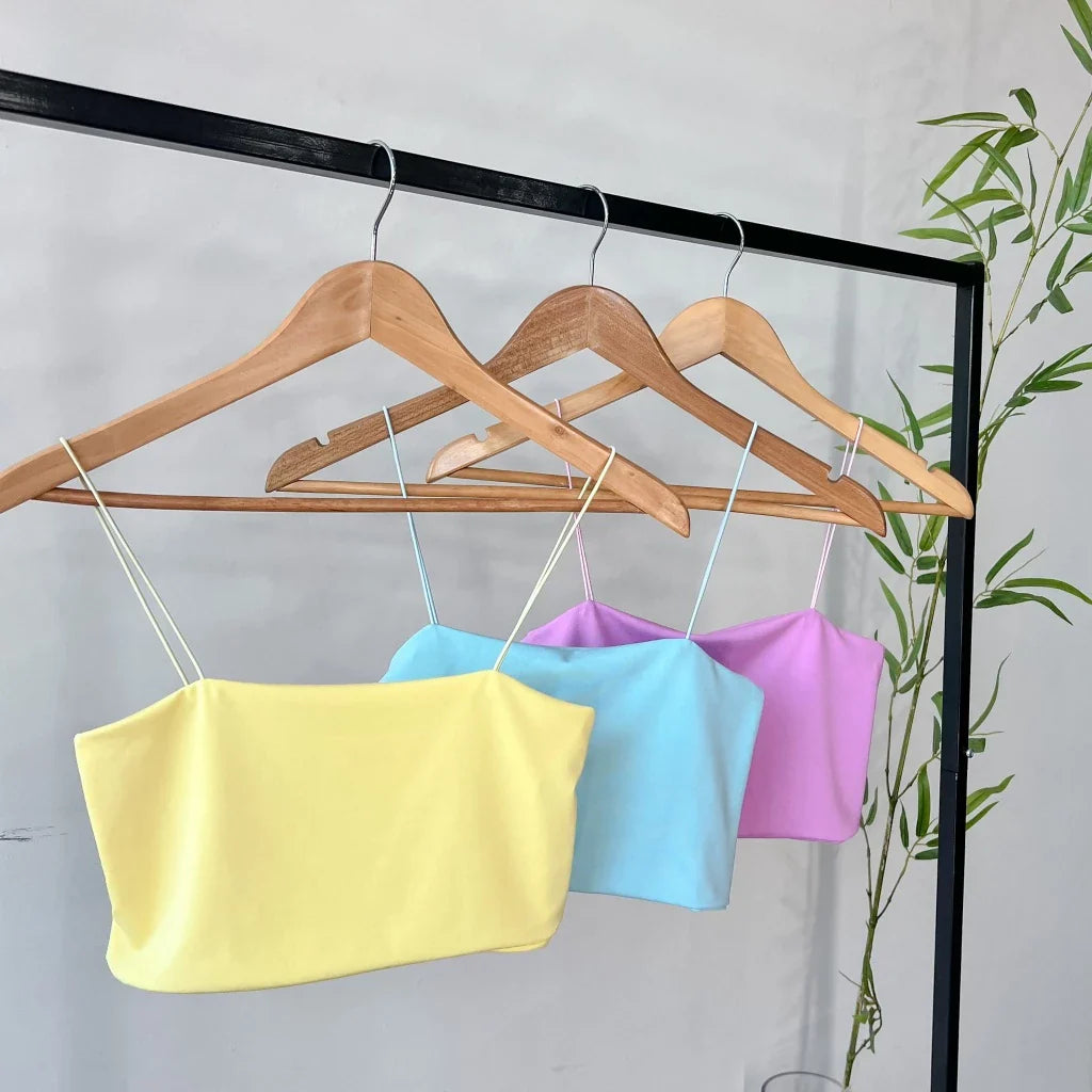 Kit 3 Cropped Feminino Top Faixa Alças Elásticos Finas Forro Duplo Suplex