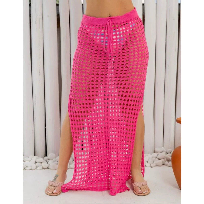 Saia longa Saída de praia furada com fendas e cordão de regulagem na cintura moda feminina verão blogueira biquíni