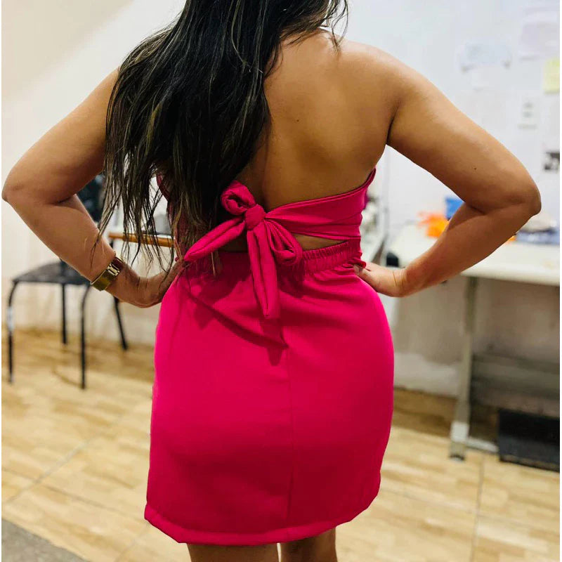 VESTIDO TOMARA QUE CAIA CURTO EM ALFAiATARIA COM LAÇO
