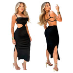 Vestido Feminino Costa Nua Midi Com Fenda Decote Ribana Canelado Tubinho Colado Elegante