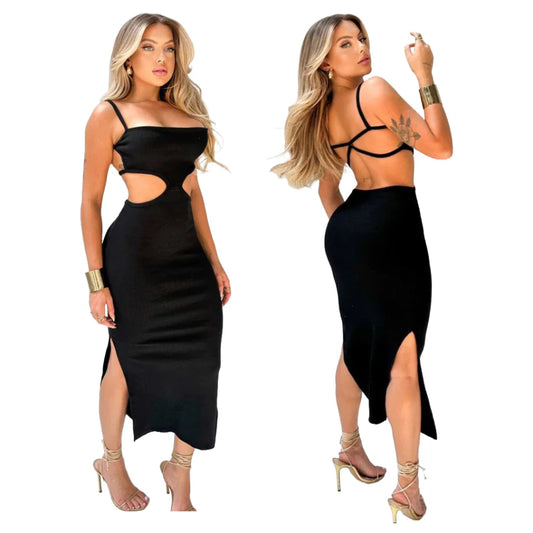 Vestido Feminino Costa Nua Midi Com Fenda Decote Ribana Canelado Tubinho Colado Elegante