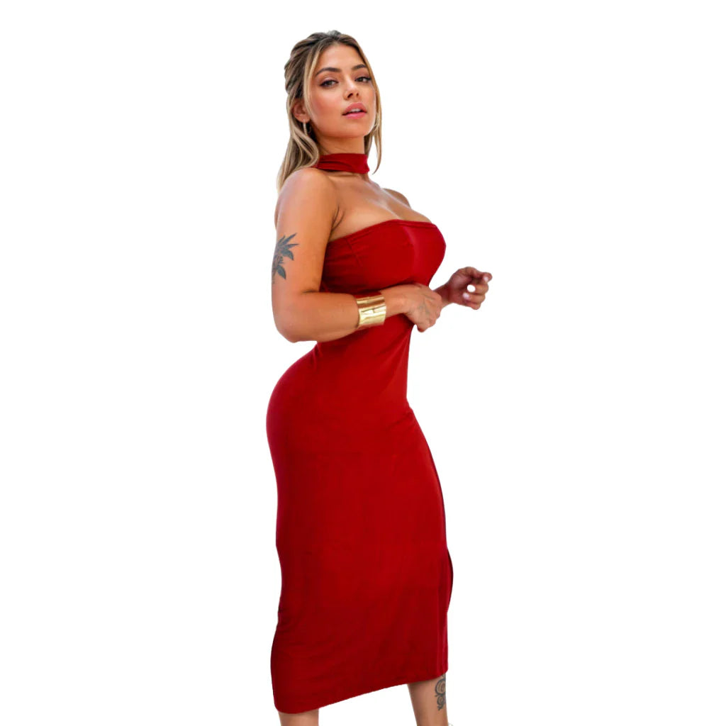 Vestido Longo Feminino com Gola Canelado Ribana Premium Moda Gringa Tubinho Blogueirinha