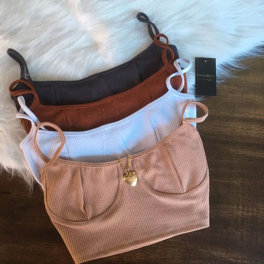 Cropped Top Feminino Alça Meia Taça Gringa Moda Blogueira Tecido Anarruga Premium Envio em 24 Horas