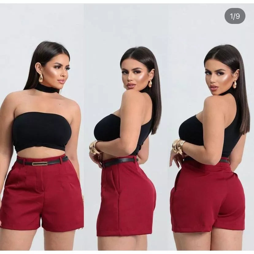 Short Feminino Alfaiataria com Cinto Social cintura alta
