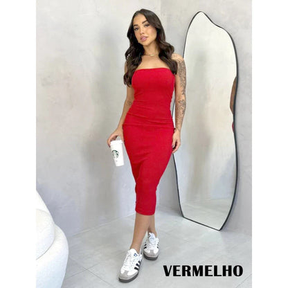 Vestido Feminino Midi Tomara Que Caia Anarruga - Elegância e Conforto em um Único , Envio Imediato!