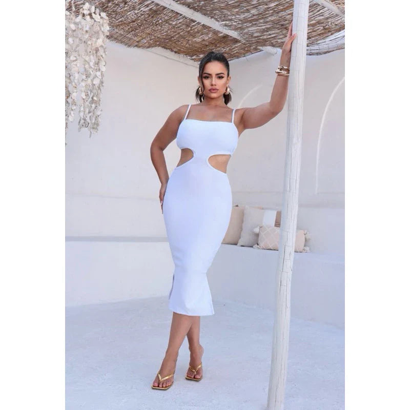 Vestido Feminino Costa Nua Midi Com Fenda Decote Ribana Canelado Tubinho Colado Elegante