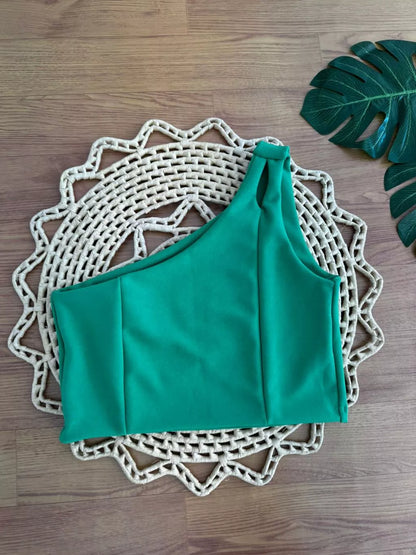 Cropped Alfaiataria Forrado Moda Feminina Um Ombro Só Gringa Blogueira