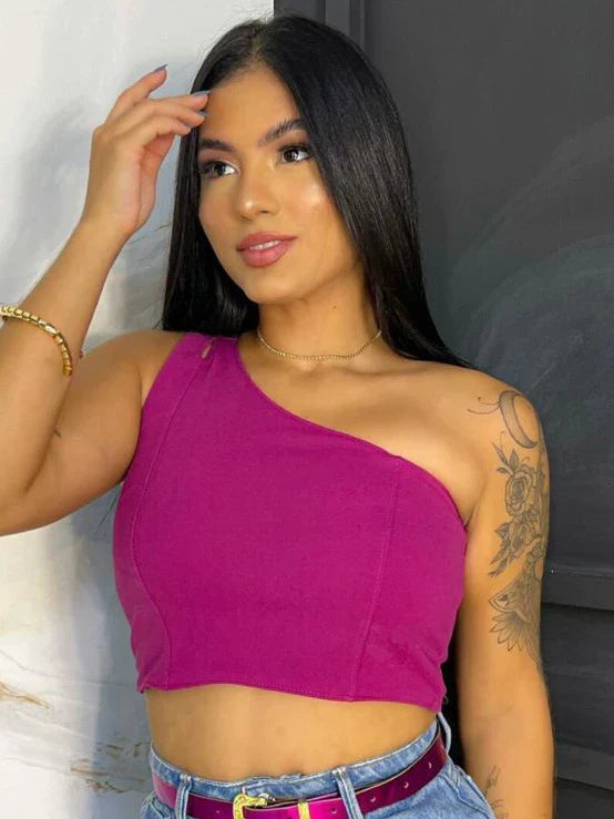 Cropped Alfaiataria Forrado Moda Feminina Um Ombro Só Gringa Blogueira