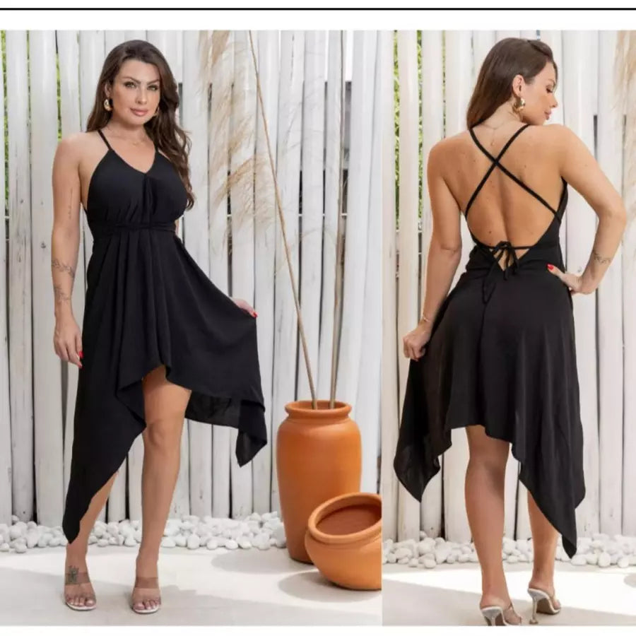 Vestido soltinho envelope frente única costa nua amarração nas Costas