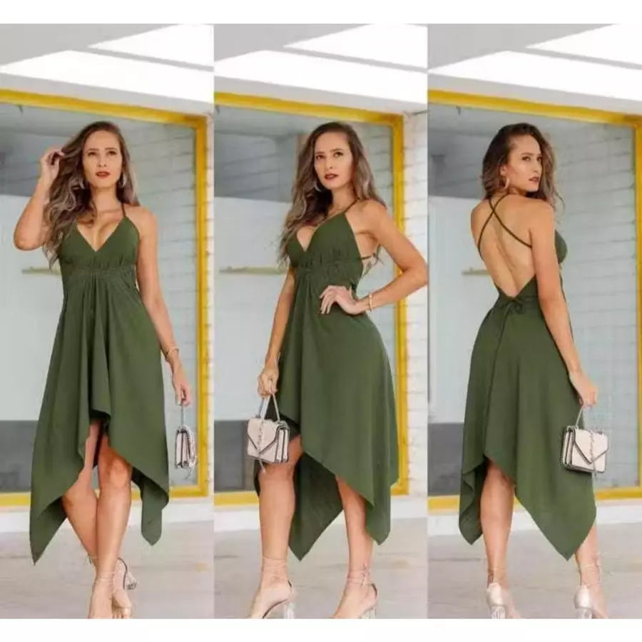 Vestido soltinho envelope frente única costa nua amarração nas Costas