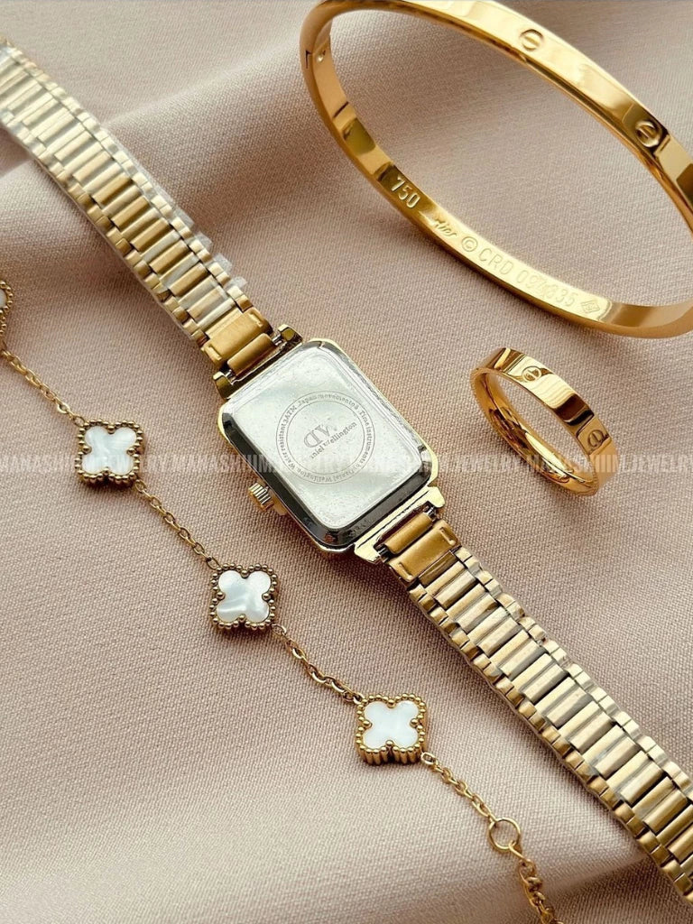 Kit Conjunto Relógio Feminino Dourado com Bracelete Pulseira e Anel Acessórios Femininos Relogio