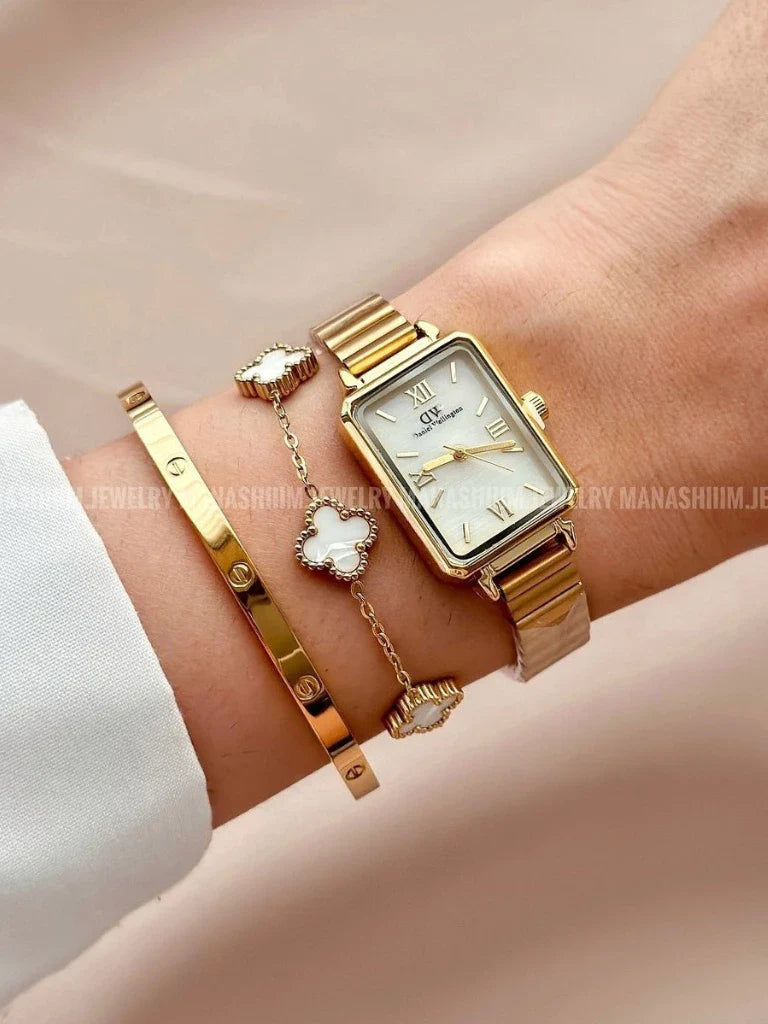 Kit Conjunto Relógio Feminino Dourado com Bracelete Pulseira e Anel Acessórios Femininos Relogio