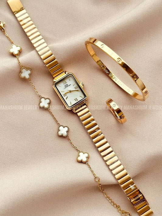 Kit Conjunto Relógio Feminino Dourado com Bracelete Pulseira e Anel Acessórios Femininos Relogio