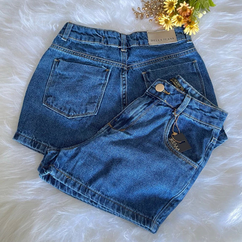 Shorts Jeans Mom Cintura Alta Marmorizado /Shorts Feminina Lisa Sem Lycra